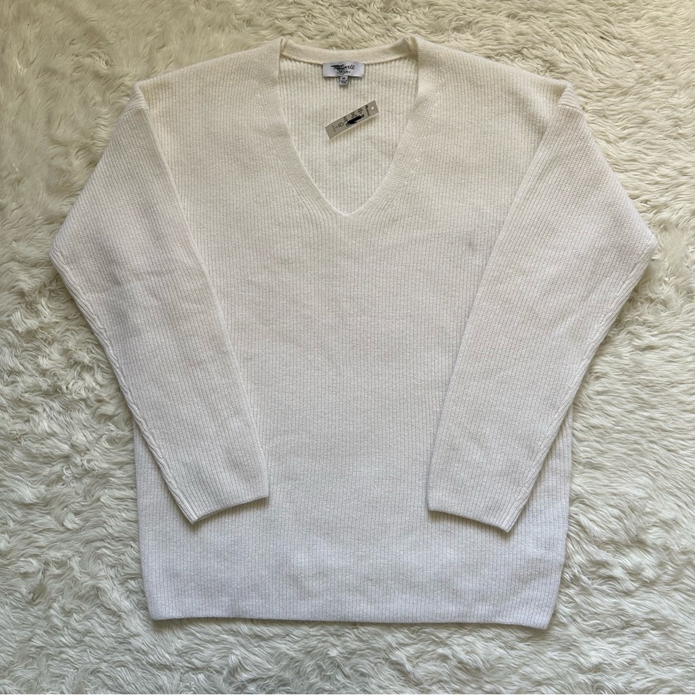 Madewell Top Ribbed 100% Cashmere V-Neck Sweater Cream XS NWT New Flaws
